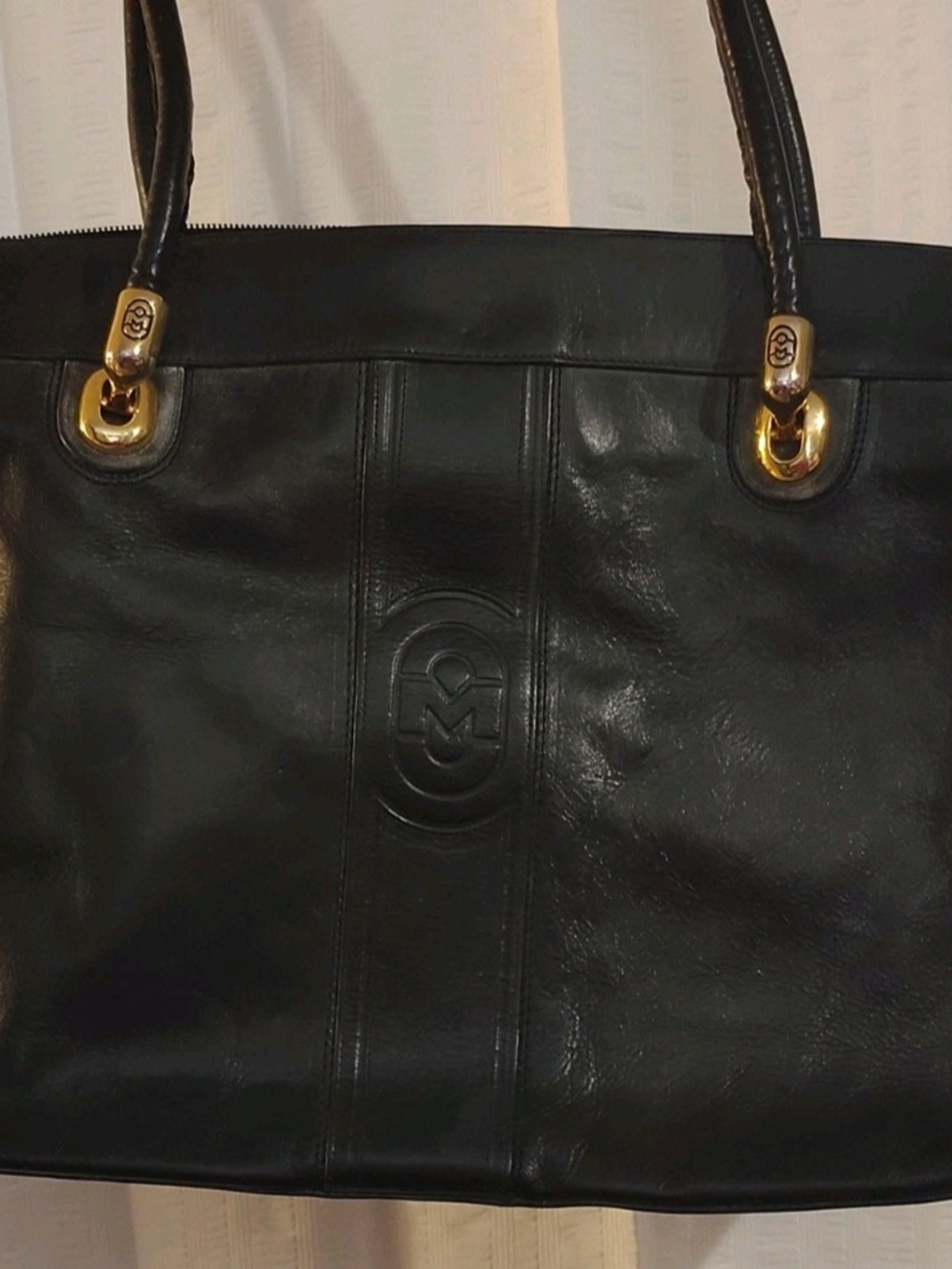 Marino Orlandi Black Leather Satchel Bag with Embossed Logo and Gold Hardware
